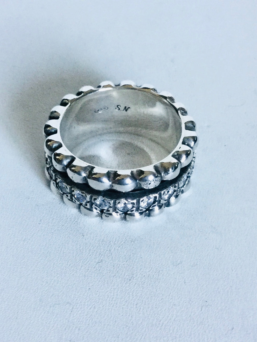 Sterling silver cubic zirconia Spinner ring and beaded edging