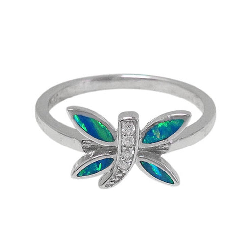 Cubic Zirconia/Opal Dragonfly Sterling Silver Ring
