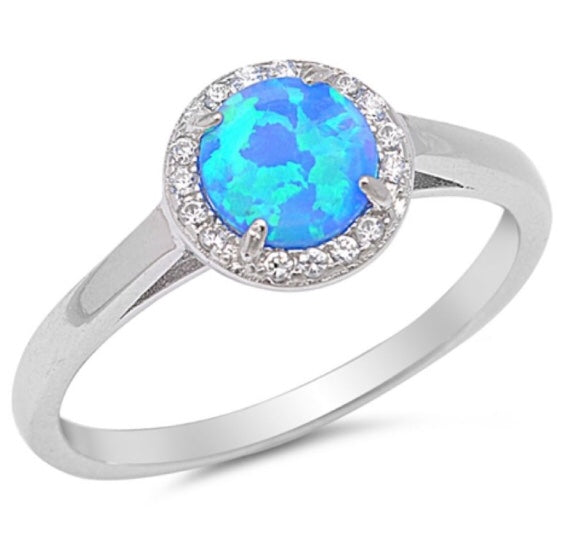 Round CZ Halo Blue Opal Ring