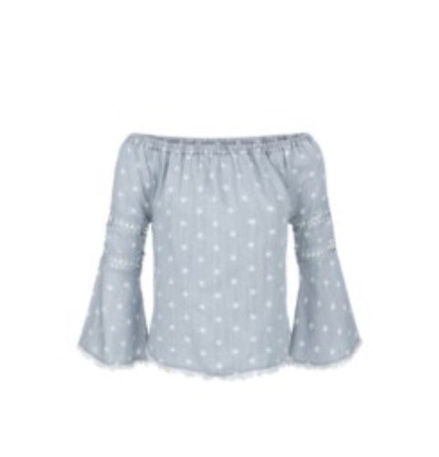 Off the Shoulder/ fringe Hem Star Print Blouse