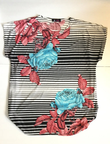 Blue Rose/Pink Leaves Horizontal Stripe FunTop