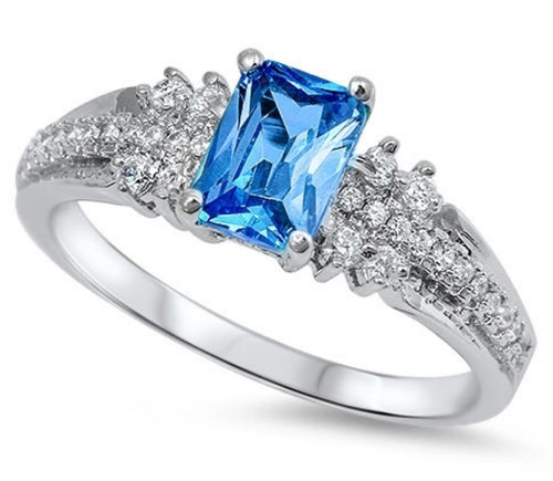 Cushion cut Cz Aquamarine Silver Ring