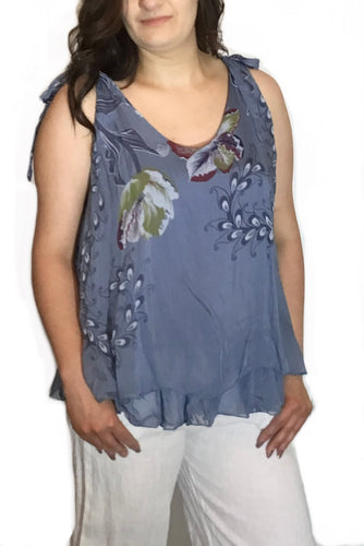 Blue silk blend Floral/ Paisley Print Shoulder Tie Tank Top