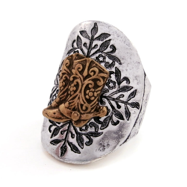 Two Tone Shield Cowboy Boot Adjustable Ring