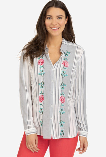 Button Down Combo Embroidered Vertical Stripe Shirt