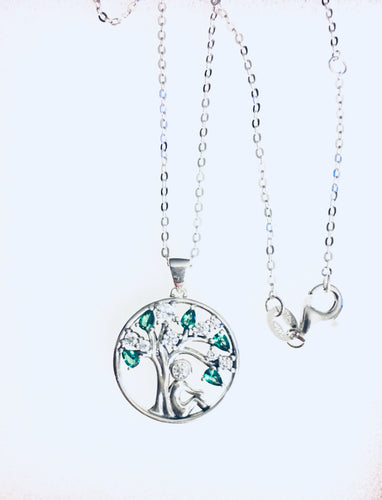 Tree of Life Necklace CZ Emerald stone accent