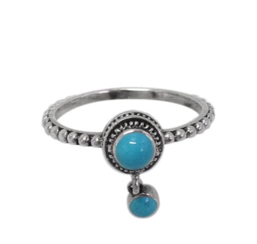 Silver Beaded Ring / Turquoise Dangle Stone