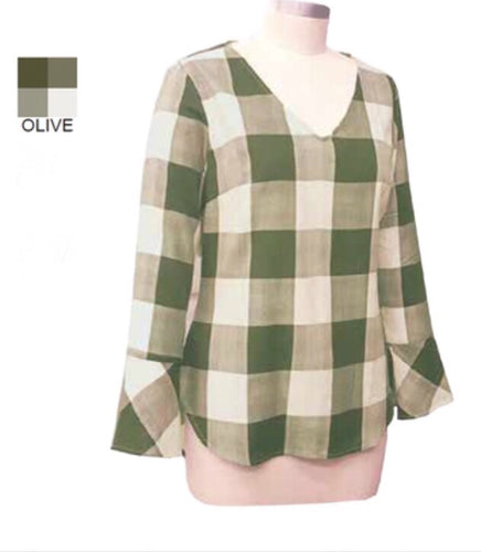 Fitted Large Plaid V-Neck Olive Top