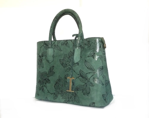 Green Leather/ Suede flower embossed Handbag
