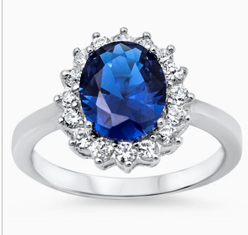 Sterling silver Oval Cut Blue Sapphire/ Diamonds Ring
