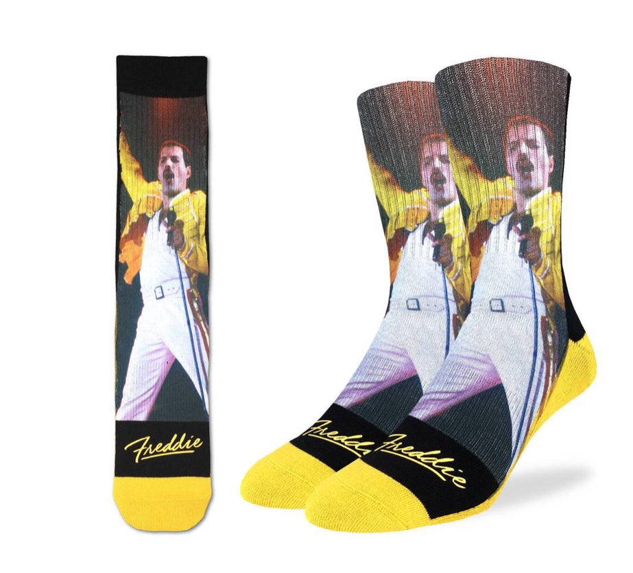 .Canadian Designed   Official Licensed Merchandise Freddie Mercury at Wembley Queen.  Vibrant Yellow  Freddie performs at Wembley and you will always be there when you wear these Freddie socks. Great compression and seamless.  Shop deservesjfa.com for best pricing on socks 
