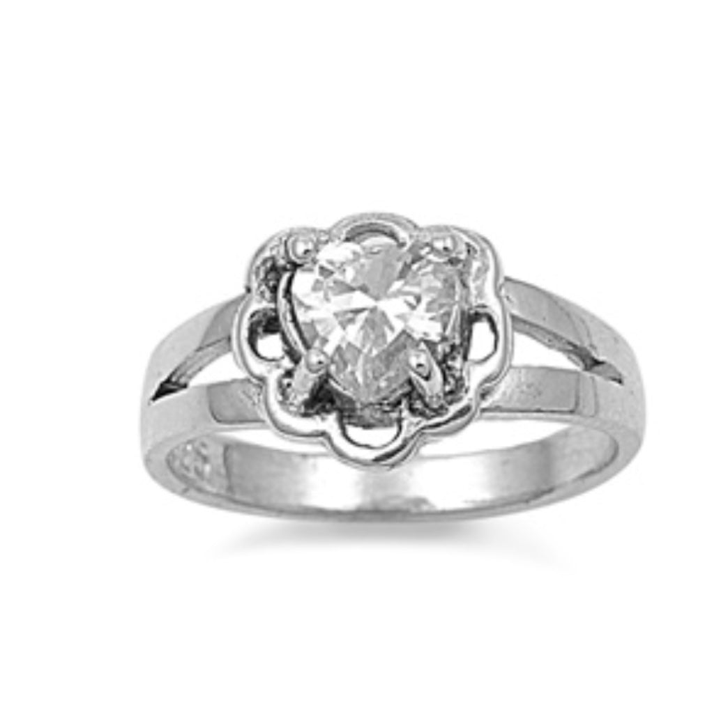 Round Clear Cz stone set in Flower detail Silver Ring