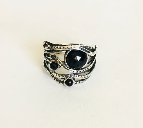 Sterling silver Round Diamond cut Black Onyx Ring