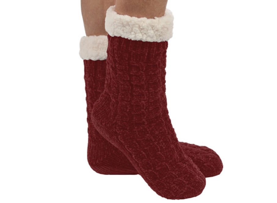 Chenille Cable Sherpa Lined Women’s Dark Red Sock/Slipper