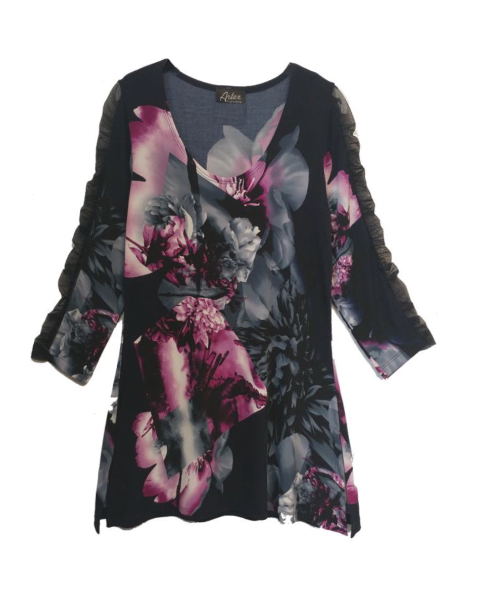Ruched Sleeve Floral Print Top