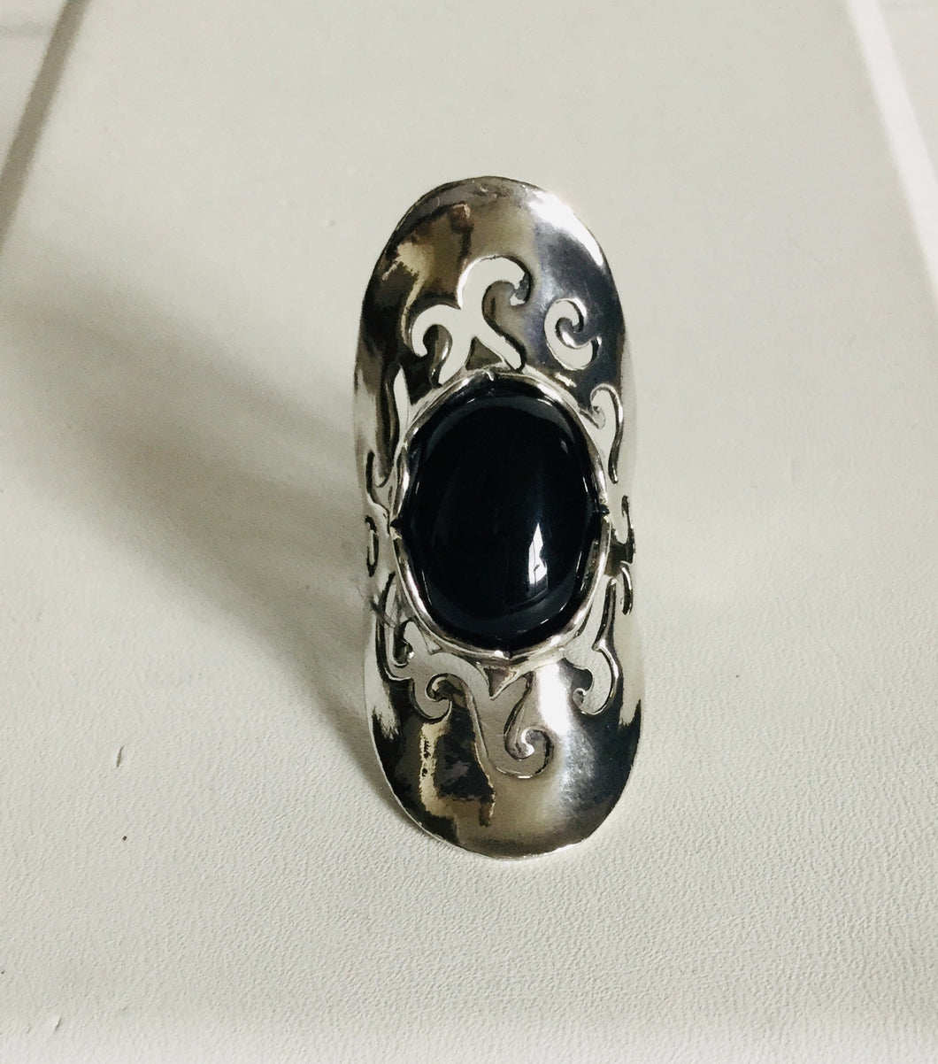 Filigree shield Silver ring with Genuine stone