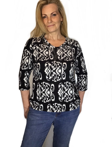 Black / White damask print top