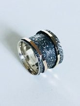 Sterling silver Oxidized Ring with 9k Rose and Yellow Gold Spinners