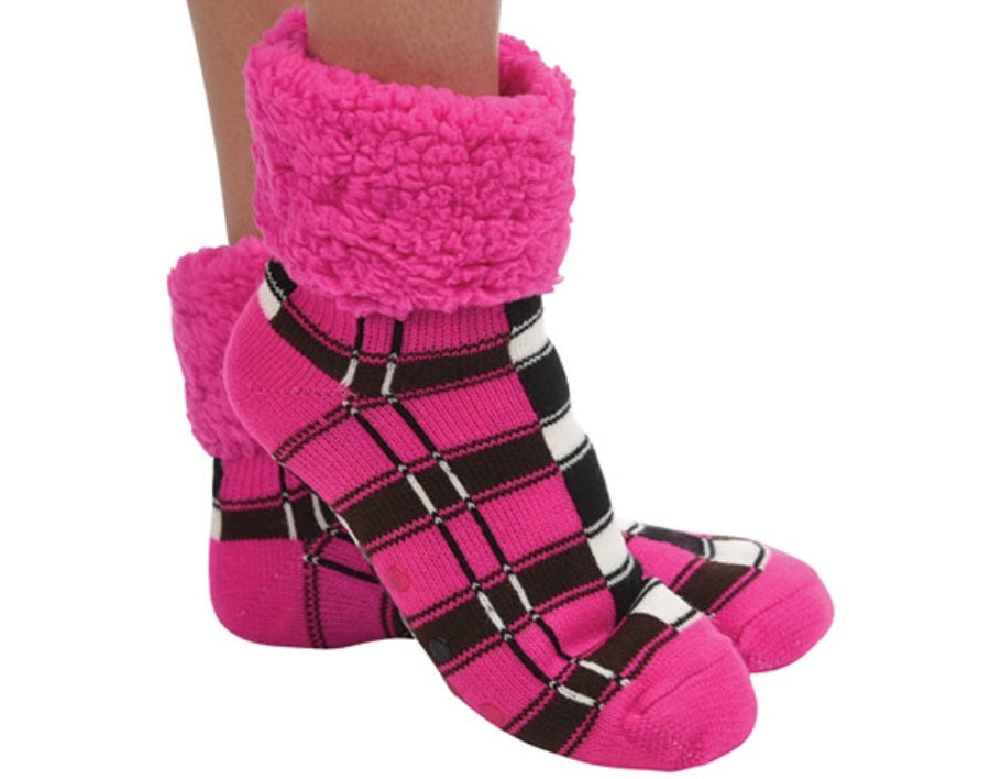 Women’s Plaid Cuffed Sherpa Lined Hot Pink Slipper/Sock