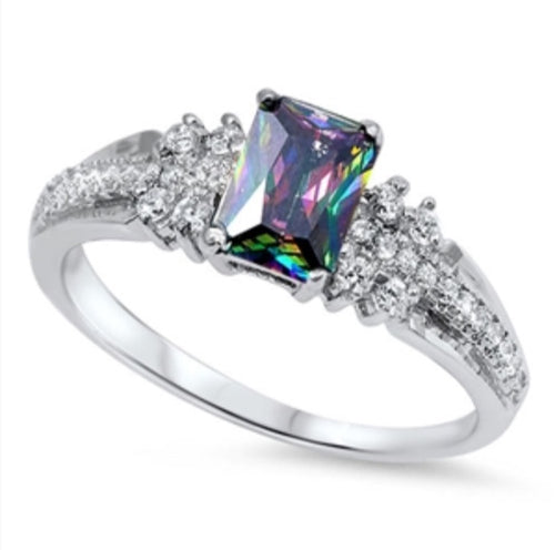 Cushion cut  Rainbow Topaz Clear Cz Silver Ring