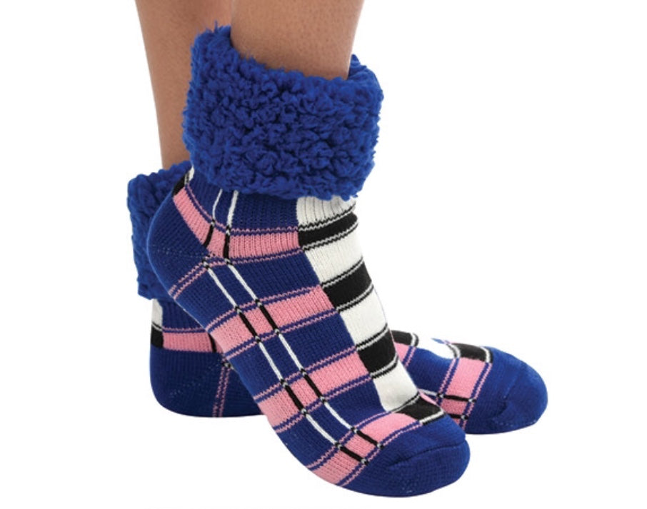 Women’s Plaid Cuffed Sherpa Lined Slipper/Sock Royal Blue