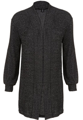  Soft, cozy cardigan sweater with pocket and ribbed texture, finished with a wide trim detail. This is a must have for the closet. Perfect for the office or curling up in a chair with a good book. You deserve it