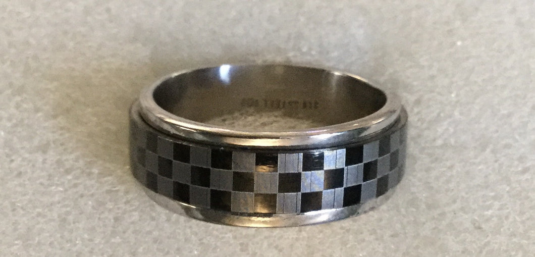 Men's Stainless Steel Spinner Ring Silver with Black Chechen design