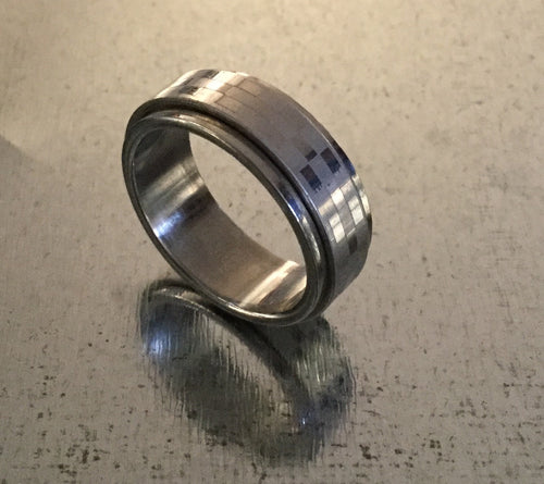Men's Stainless Steel Spinner Ring Silver on Silver checker design