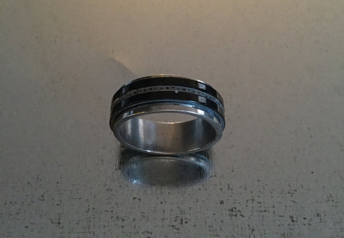 Men's Stainless Steel Spinner Ring Black with narrow Stipe design