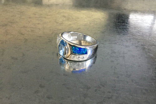 Aquamarine stone with Synthetic Blue Opal silver ring