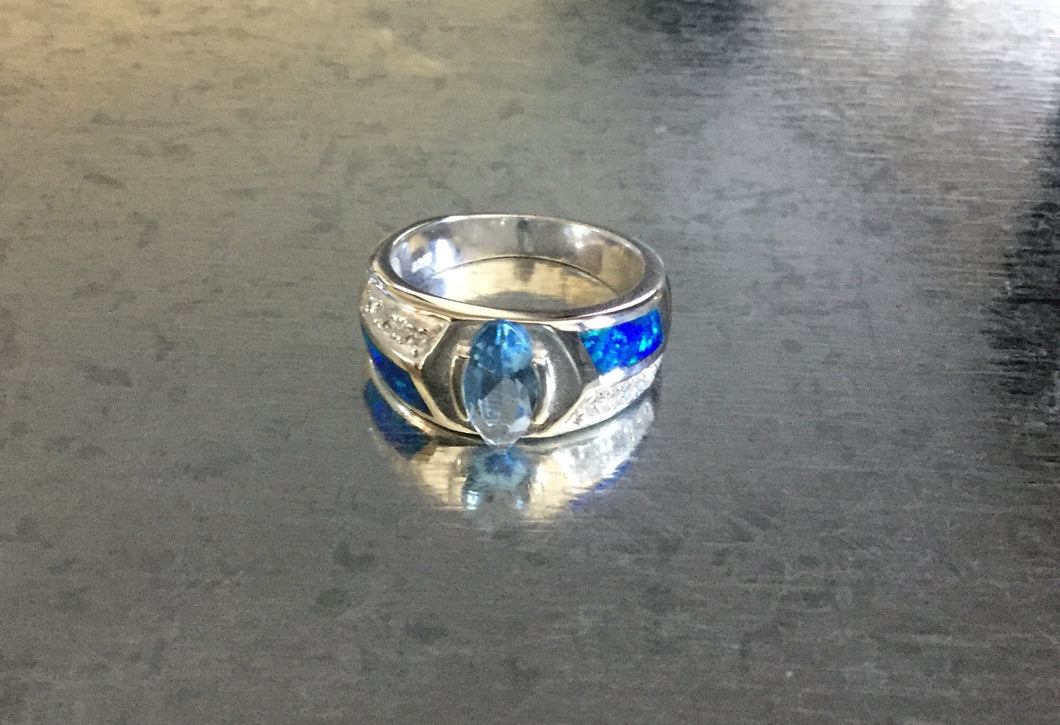 Aquamarine stone with Synthetic Blue Opal silver ring