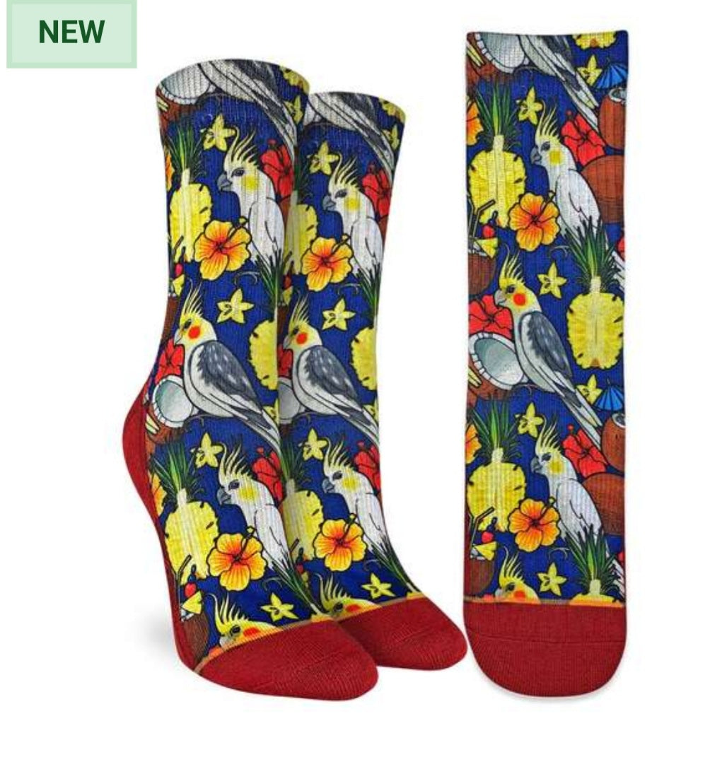 Women's Cockatoo and Coconuts Good Luck Socks Active Fit sz 5 - 9