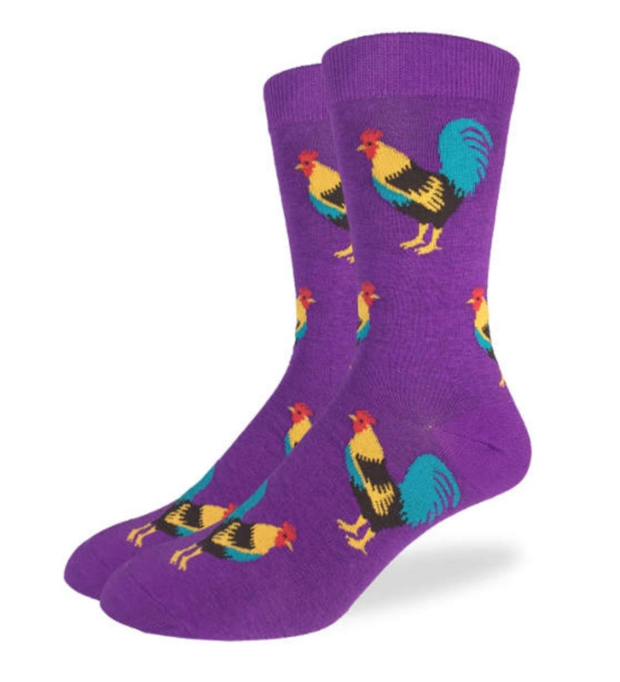 Men's Purple Rooster Good Luck Socks Crew Fit sz 7 - 12