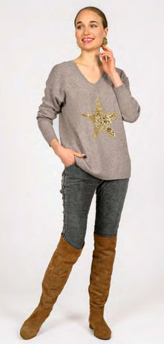 Knit V - Neck Sequins Star Sweater
